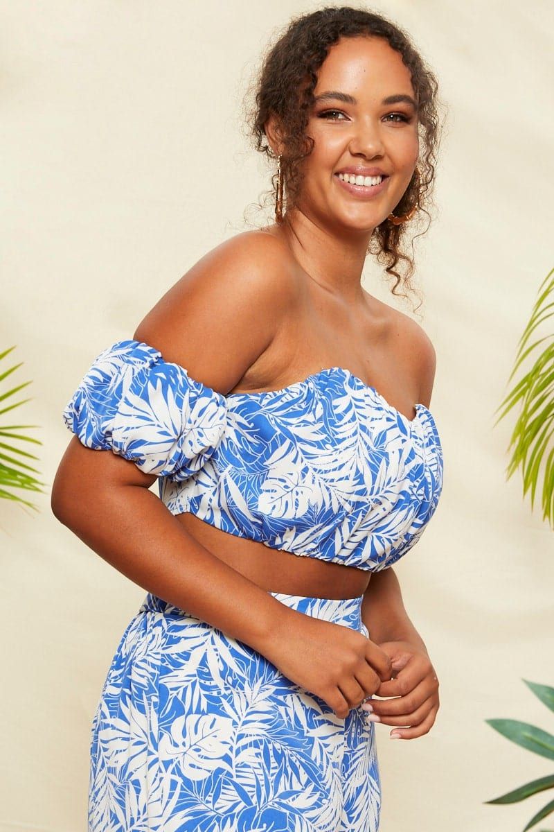 Mono Print Ruched Palm Tree Print Bardot Crop Top sold by Ally Fashion product image thumbnail 3