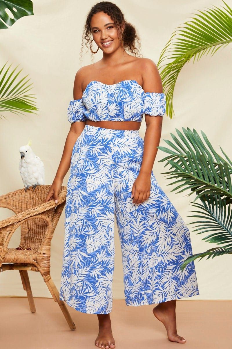 Mono Print Ruched Palm Tree Print Bardot Crop Top sold by Ally Fashion product image thumbnail 2