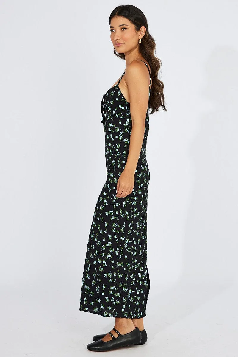 Black Floral Midi Dress Gathered Bust Eyelet Fabric sold by Ally Fashion product image thumbnail 4