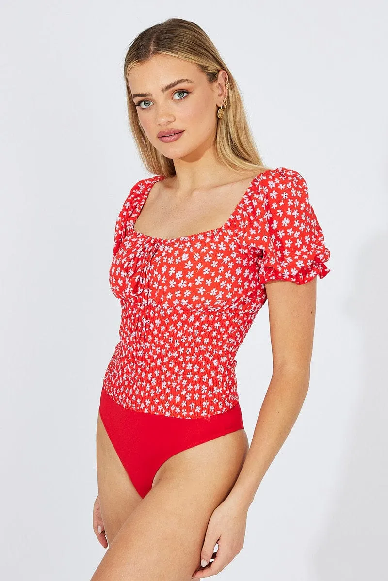 Red Ditsy Bodysuit short Sleeve sold by Ally Fashion product image thumbnail 4