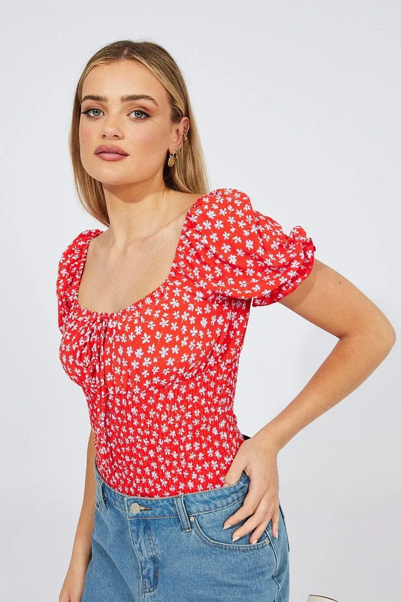 Red Ditsy Bodysuit short Sleeve sold by Ally Fashion
