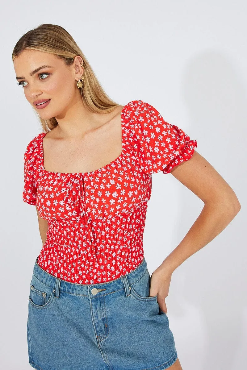 Red Ditsy Bodysuit short Sleeve sold by Ally Fashion product image thumbnail 3