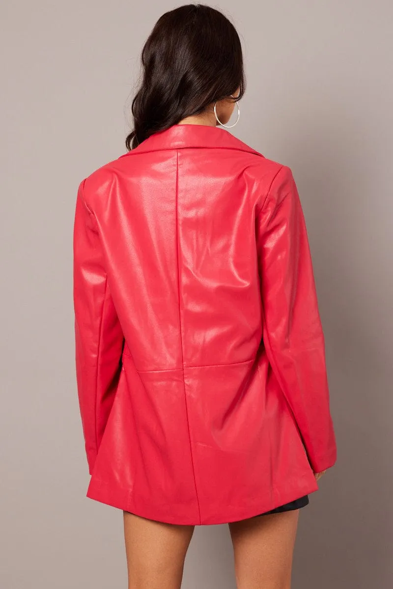Red Jacket Faux Leather Collared sold by Ally Fashion product image thumbnail 4