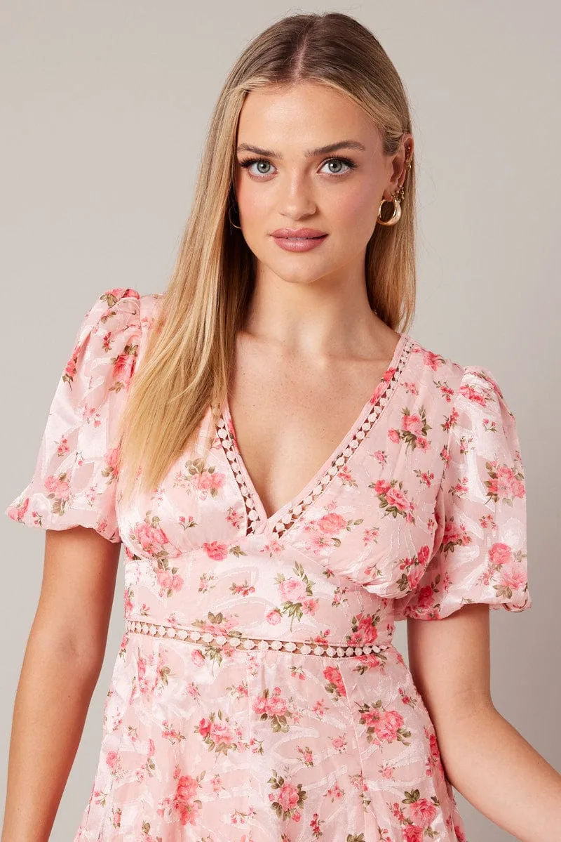 Pink Floral Fit And Flare Dress Puff Sleeve Mini sold by Ally Fashion product image thumbnail 3