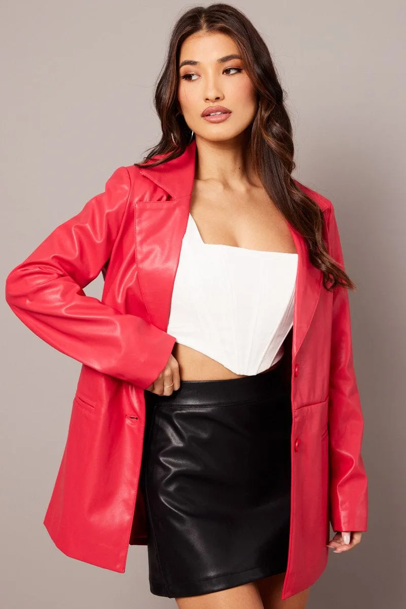 Red Jacket Faux Leather Collared sold by Ally Fashion product image thumbnail 2