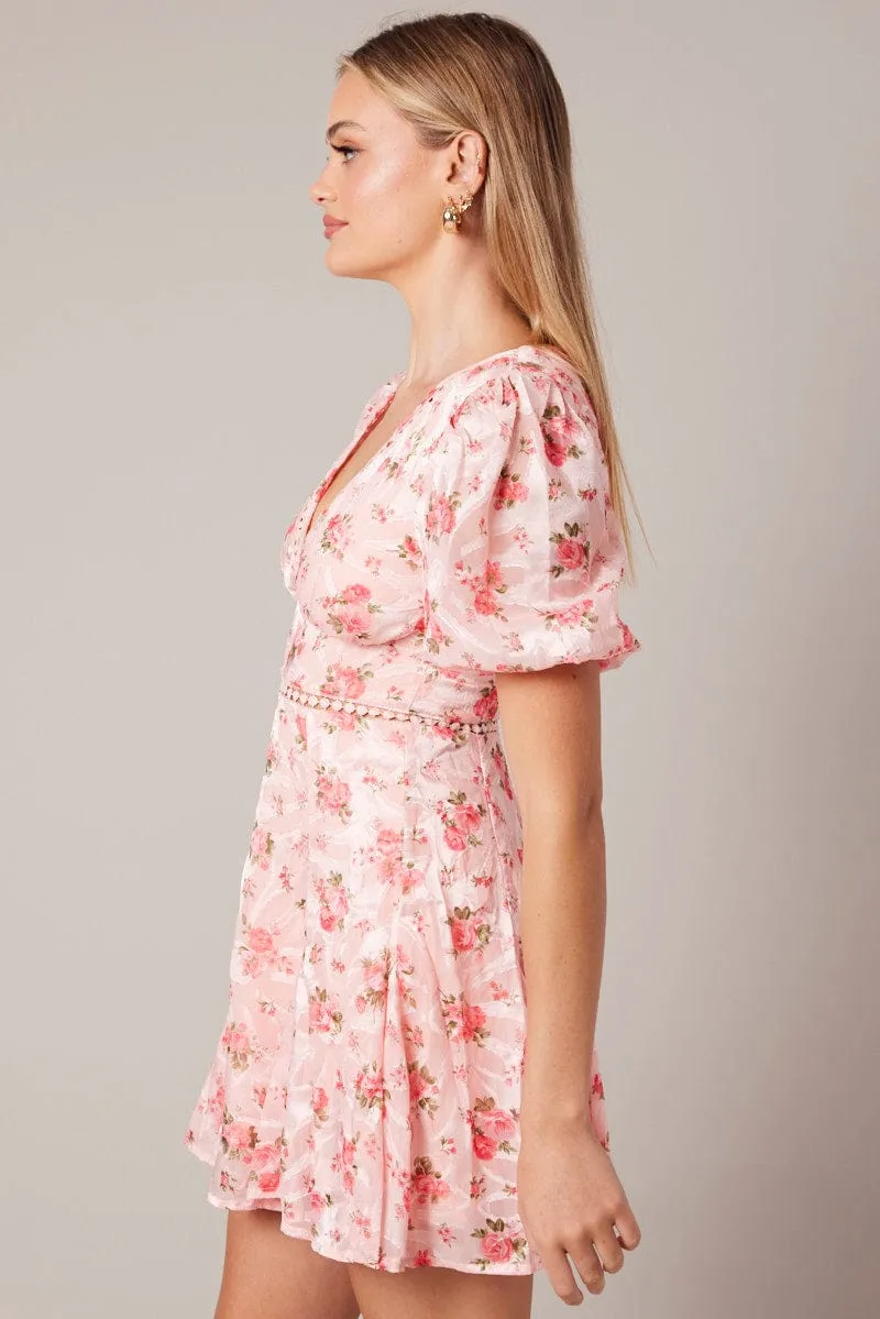 Pink Floral Fit And Flare Dress Puff Sleeve Mini sold by Ally Fashion product image thumbnail 4