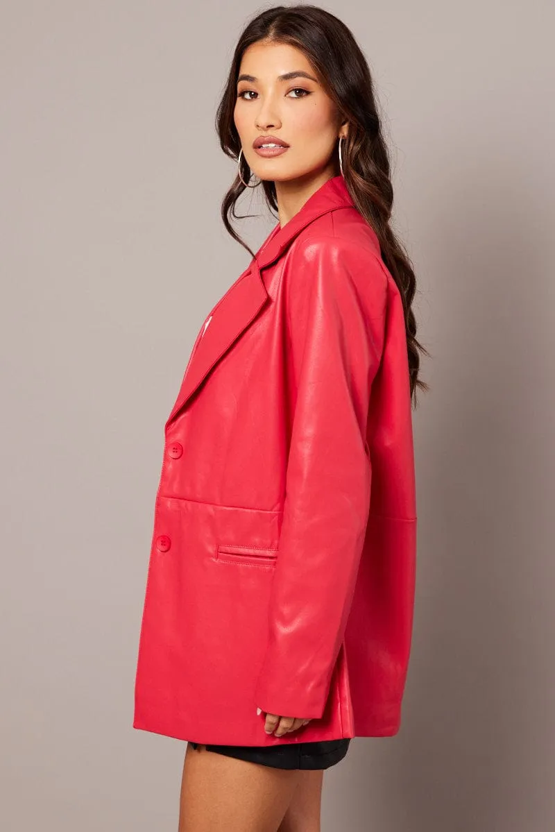 Red Jacket Faux Leather Collared sold by Ally Fashion product image thumbnail 3