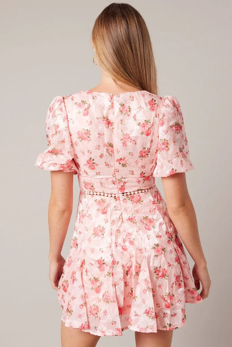 Pink Floral Fit And Flare Dress Puff Sleeve Mini sold by Ally Fashion product image thumbnail 5