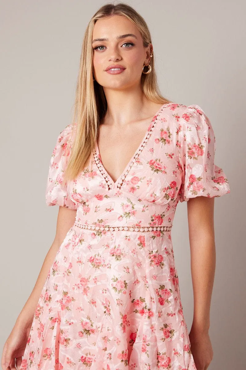 Pink Floral Fit And Flare Dress Puff Sleeve Mini sold by Ally Fashion product image thumbnail 2