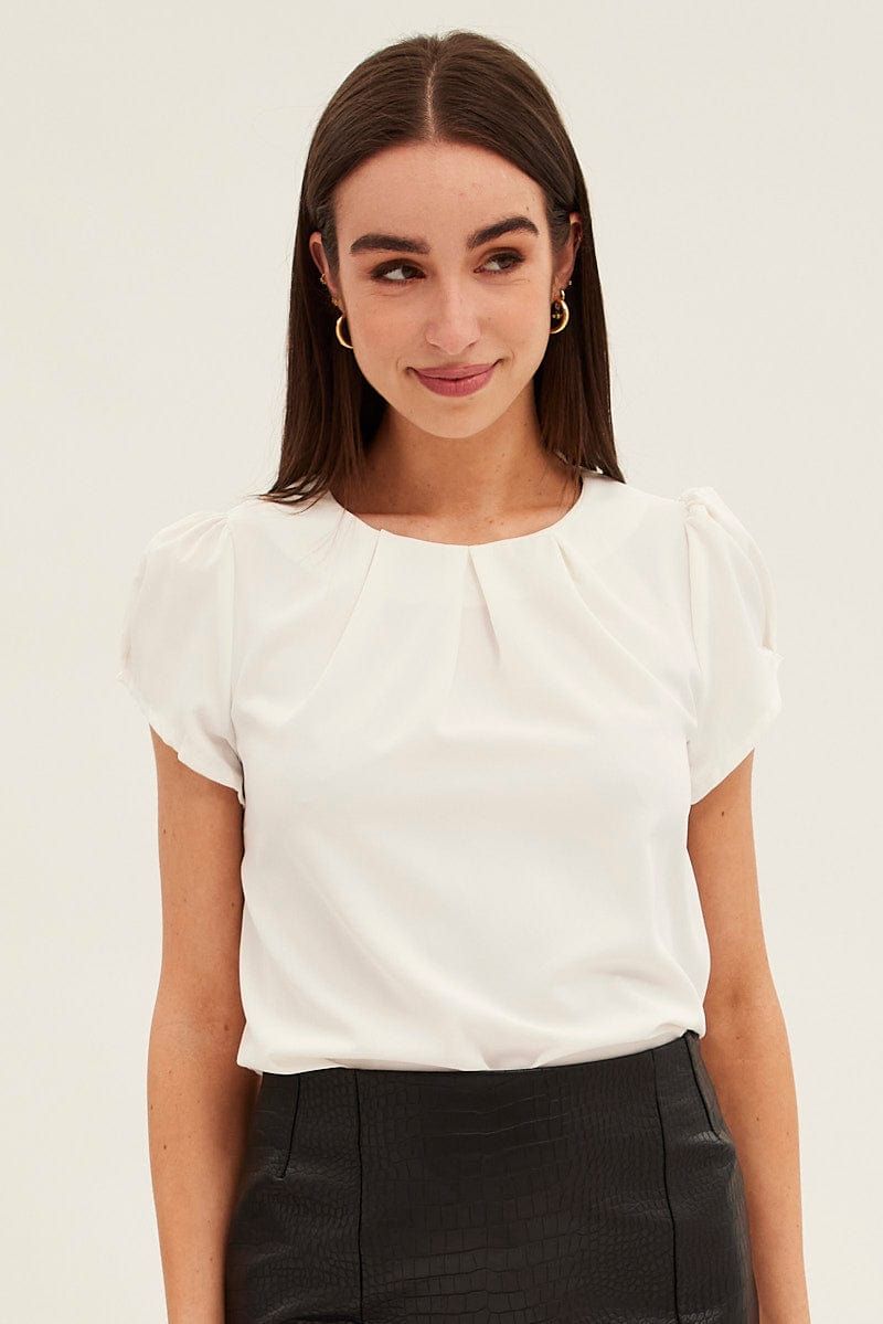 White Top Cap Sleeve Pleat Detail Workwear sold by Ally Fashion product image thumbnail 3