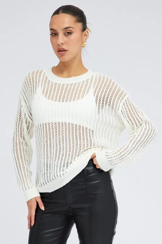 White Oversized Knit Top Crew Neck made by Ally Fashion