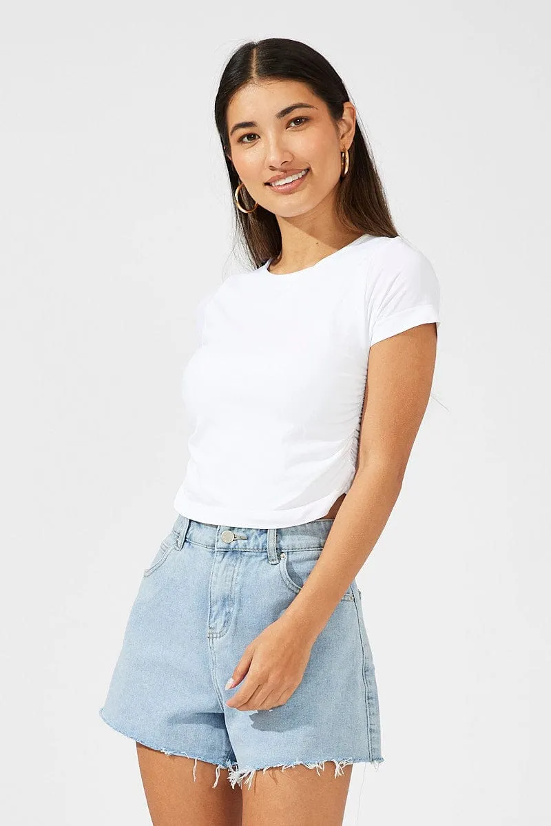 White T-Shirt Short Sleeve Crew Neck Ruched Seamless sold by Ally Fashion