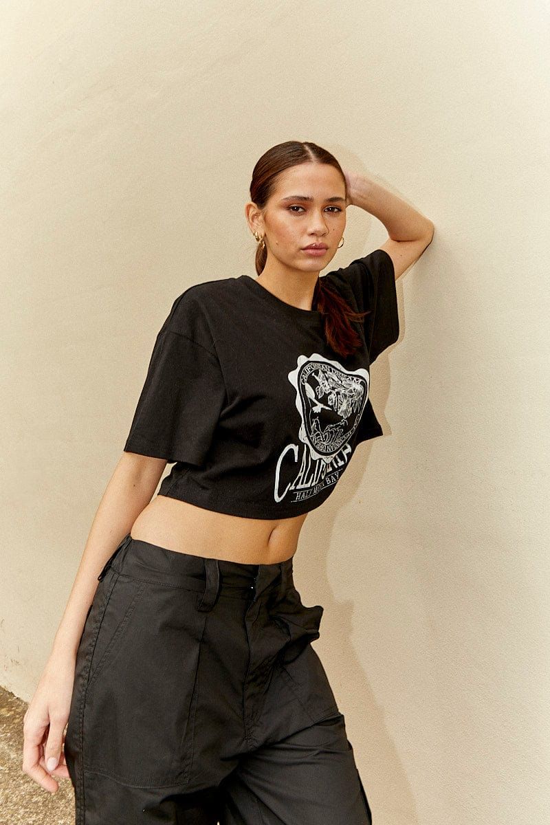 Black Crew Cropped Graphic T-Shirt sold by Ally Fashion