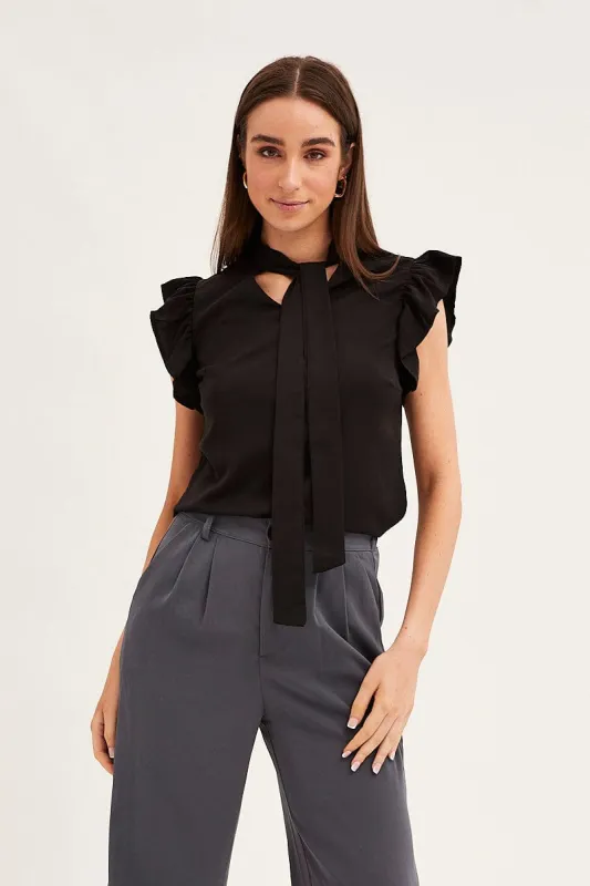 Black Tie Front Ruffle Sleeve Top sold by Ally Fashion