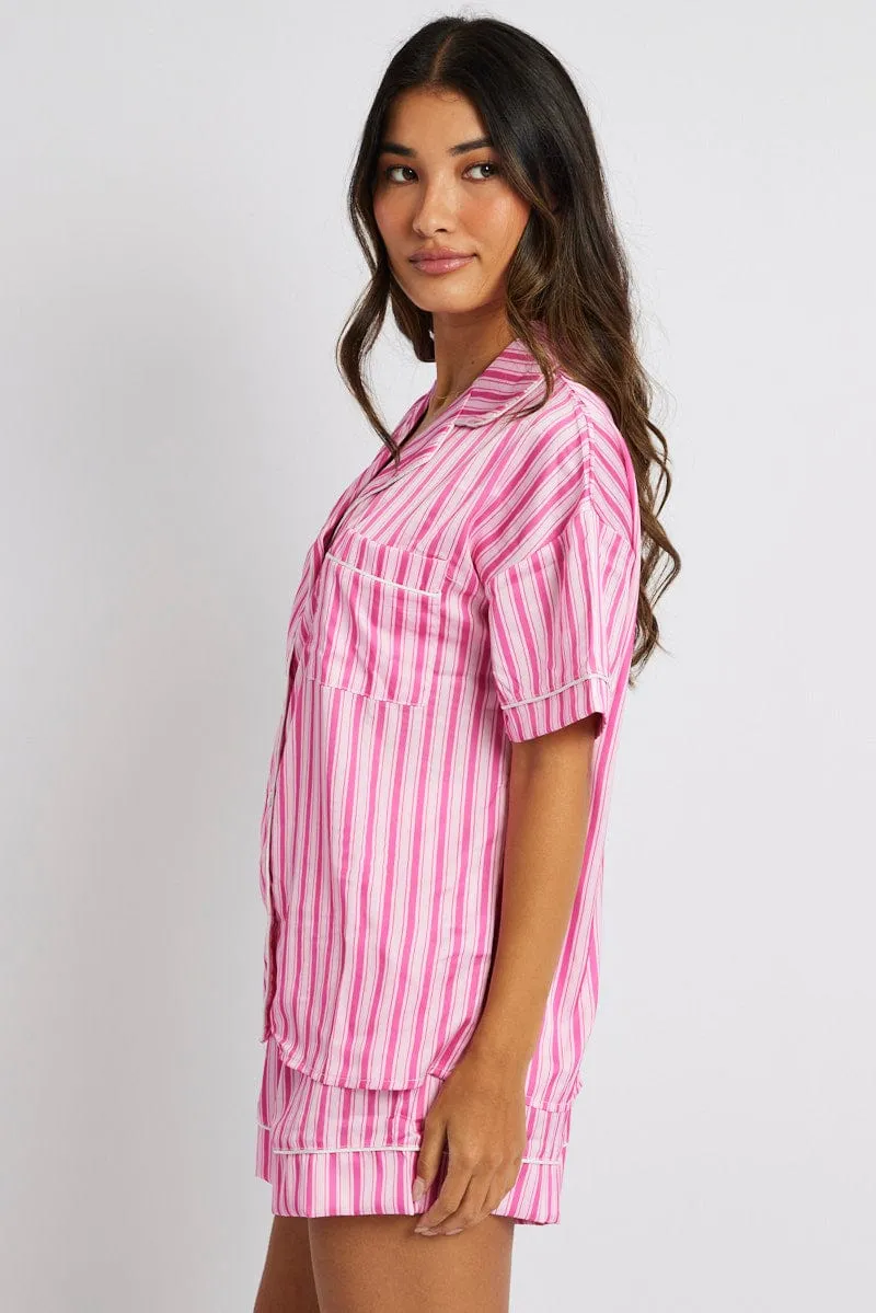 Pink Stripe Pyjama Set Multi Stripe Satin Piping PJ sold by Ally Fashion product image thumbnail 4