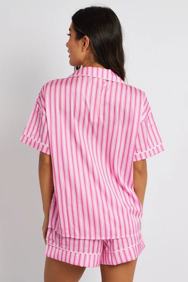Pink Stripe Pyjama Set Multi Stripe Satin Piping PJ sold by Ally Fashion product image thumbnail 5