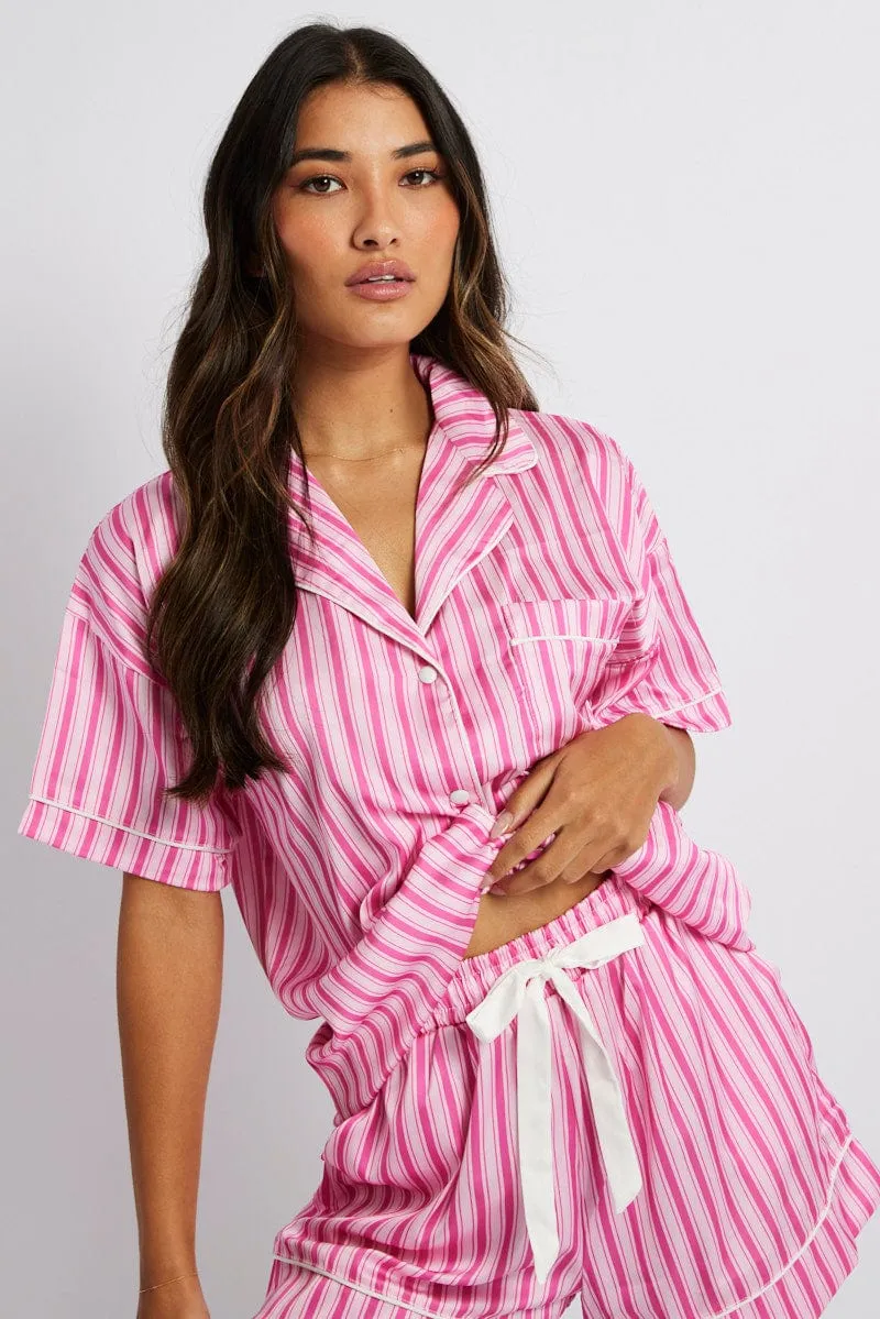 Pink Stripe Pyjama Set Multi Stripe Satin Piping PJ sold by Ally Fashion product image thumbnail 2