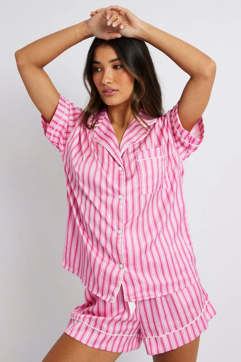 Pink Stripe Pyjama Set Multi Stripe Satin Piping PJ sold by Ally Fashion product image thumbnail 3