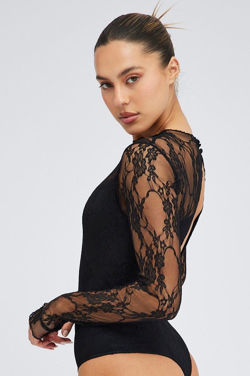Black Bodysuit Long Sleeve Mock Neck Lace Jersey Lined sold by Ally Fashion product image thumbnail 2