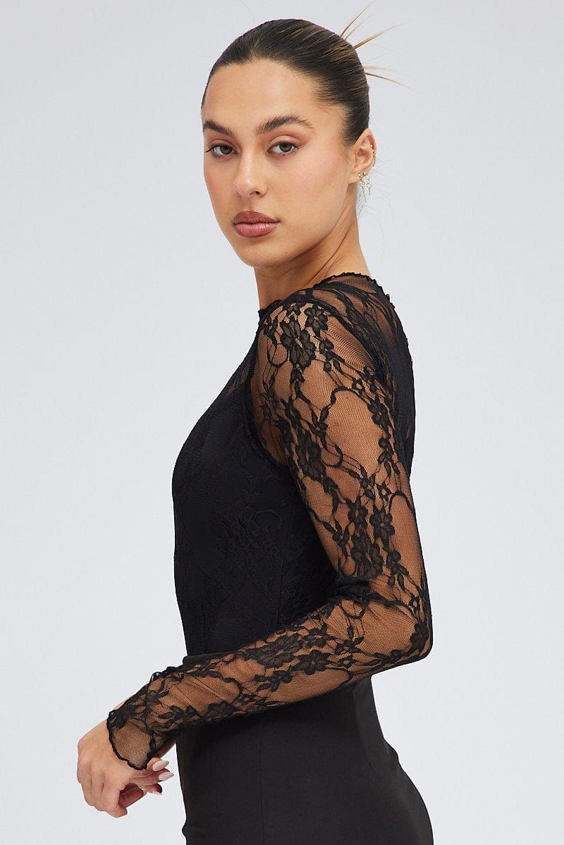 Black Bodysuit Long Sleeve Mock Neck Lace Jersey Lined sold by Ally Fashion product image thumbnail 4