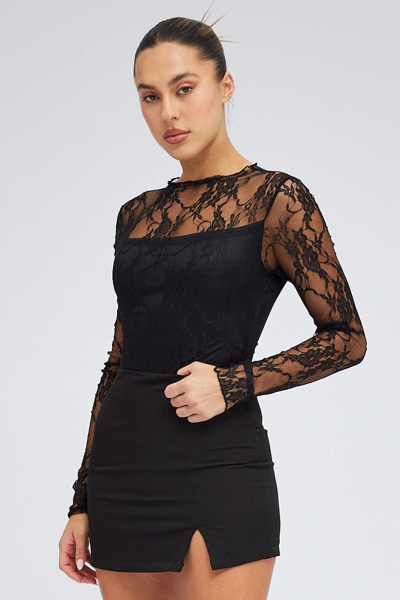 Black Bodysuit Long Sleeve Mock Neck Lace Jersey Lined sold by Ally Fashion