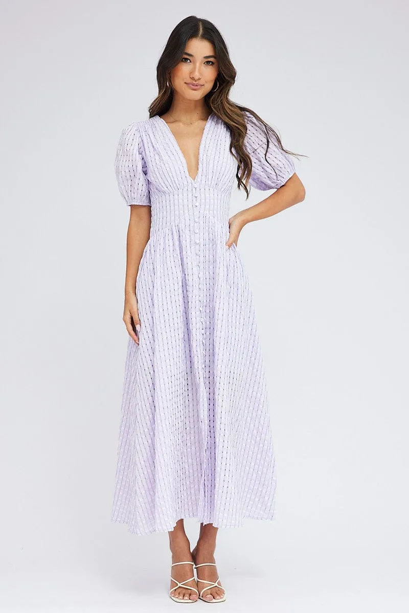 Purple Check Midi Dress Puff Sleeve sold by Ally Fashion product image thumbnail 3