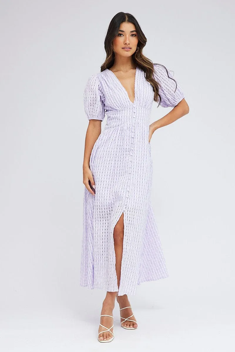 Purple Check Midi Dress Puff Sleeve sold by Ally Fashion