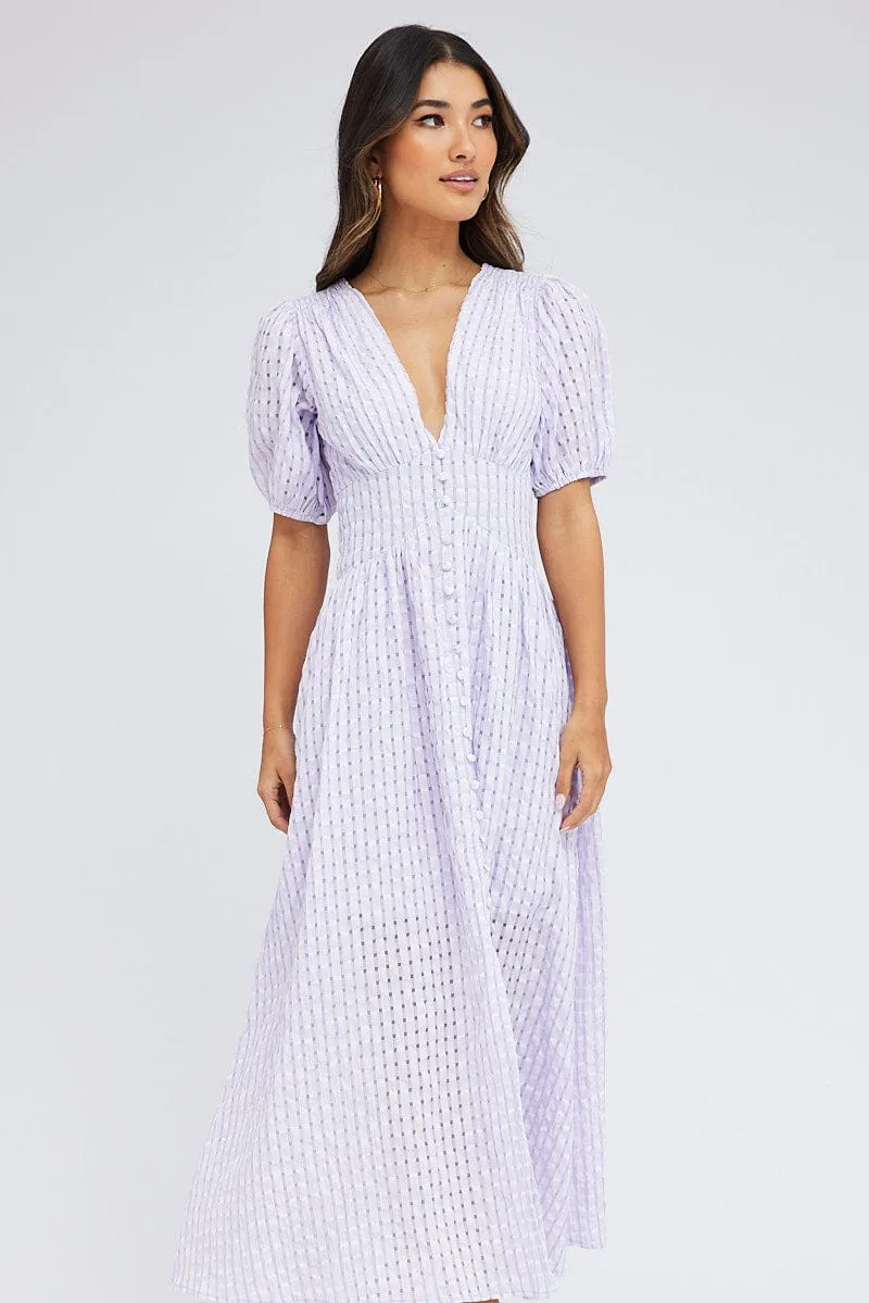 Purple Check Midi Dress Puff Sleeve sold by Ally Fashion product image thumbnail 2