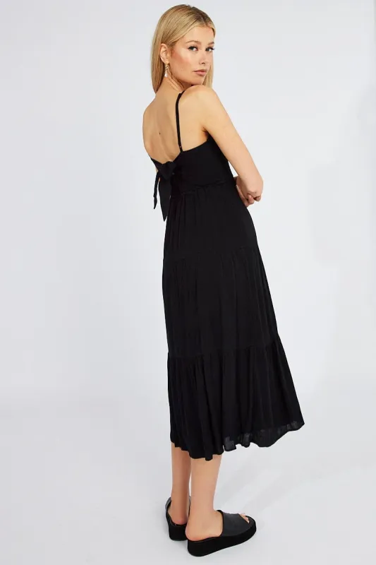 Black Midi Dress Sleeveless Shirred Tie Back sold by Ally Fashion