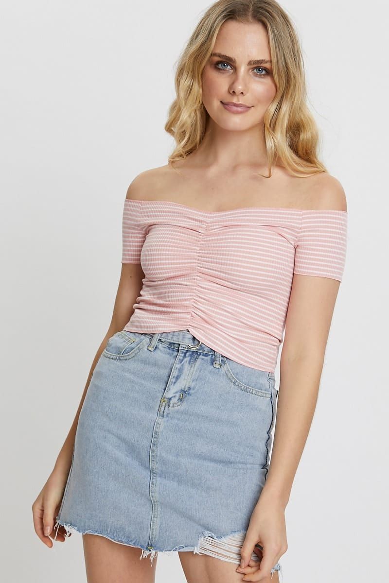 Stripe Ruched Front Stripe Bardot Top sold by Ally Fashion