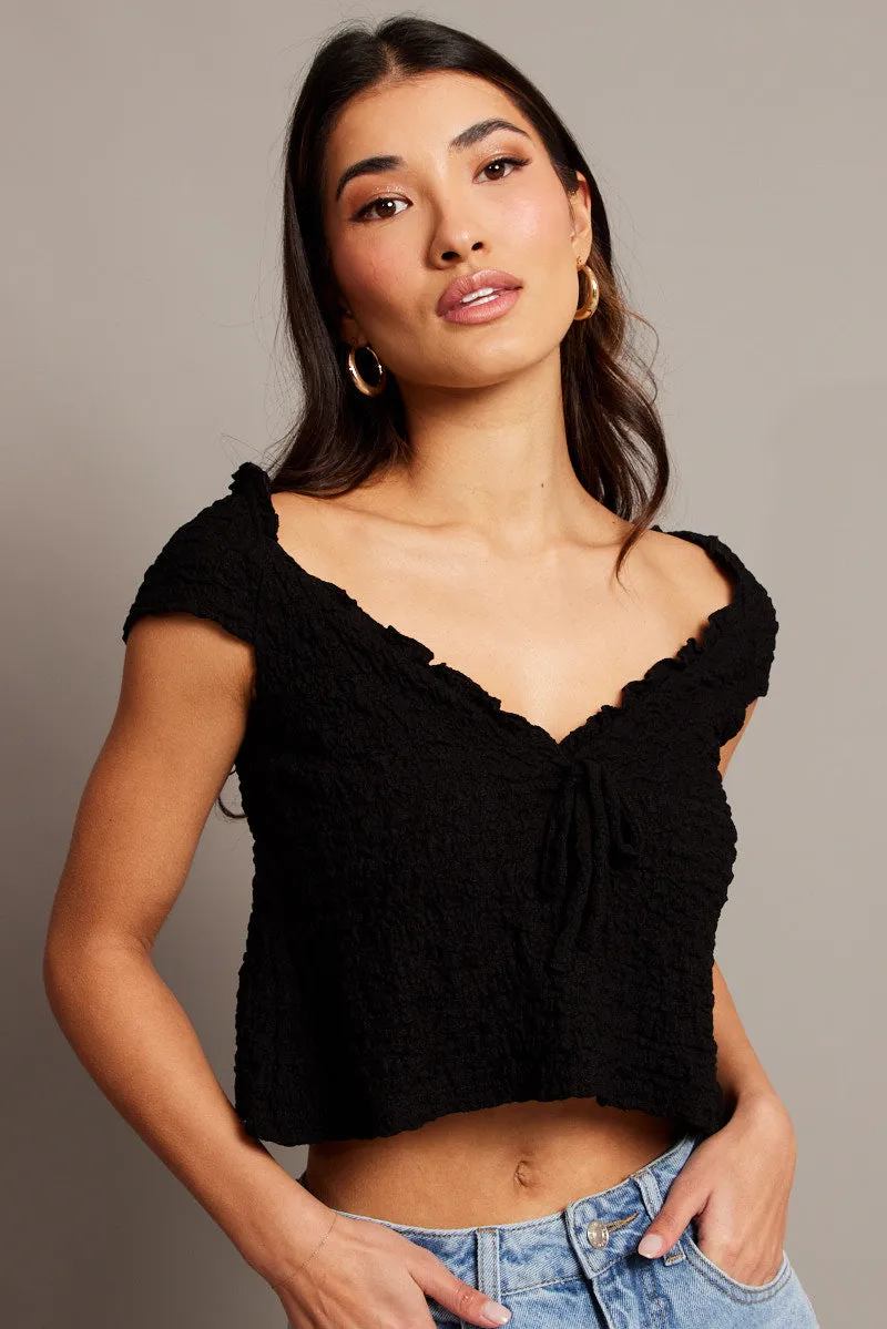 Black Textured Top Crop Short Sleeve sold by Ally Fashion