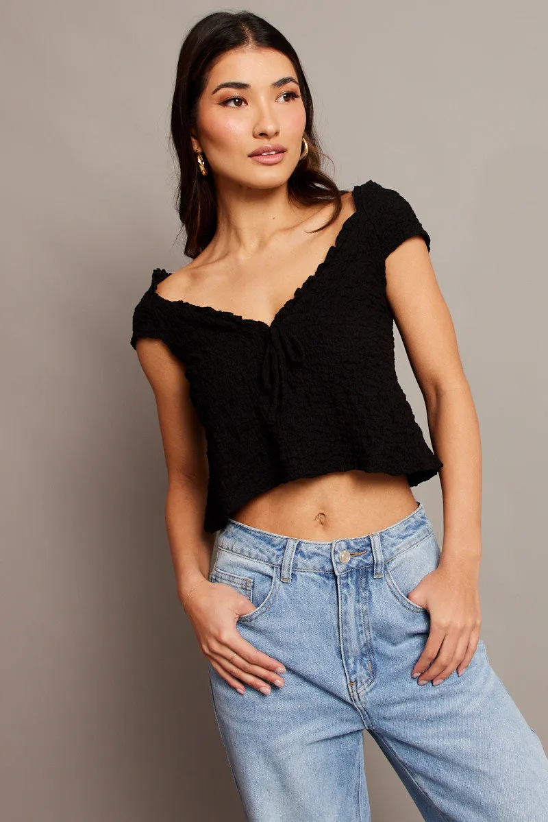 Black Textured Top Crop Short Sleeve sold by Ally Fashion product image thumbnail 3