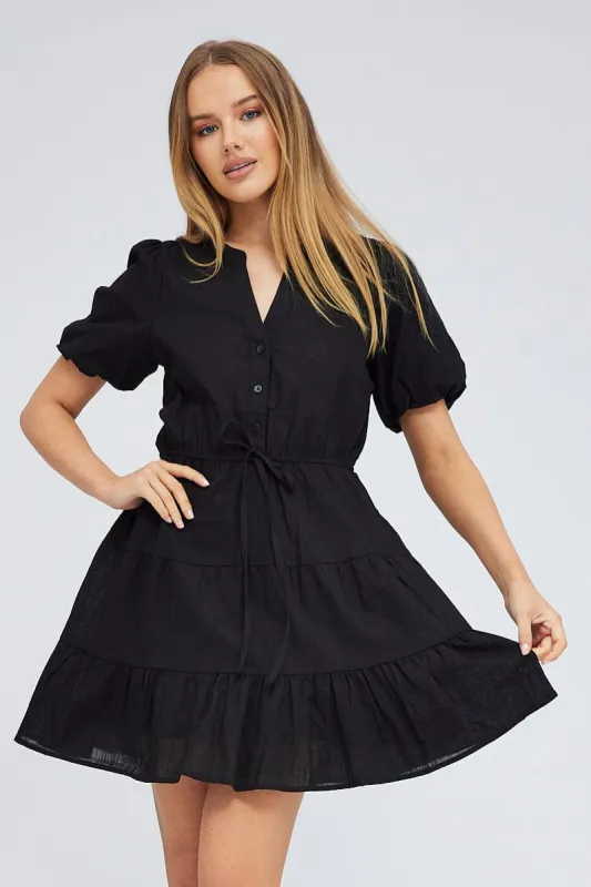 Black Shirt Dress Short Sleeve Tiered sold by Ally Fashion