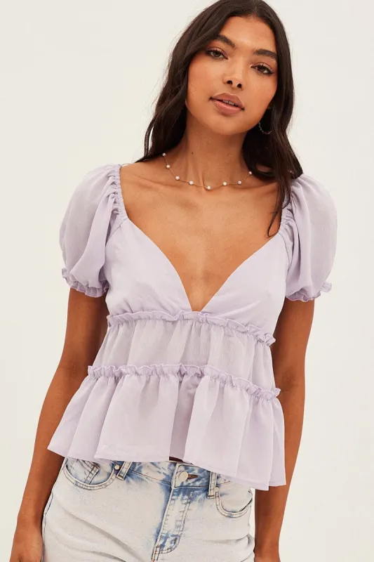 Lilac Ruffle V Neck Puff Sleeve Tiered Top sold by Ally Fashion