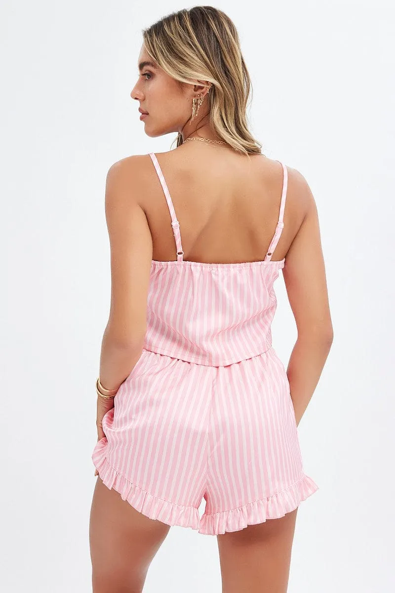 Pink Stripe Satin Pj Set Stripe Lace Trim Cami Pyjama Set sold by Ally Fashion product image thumbnail 5