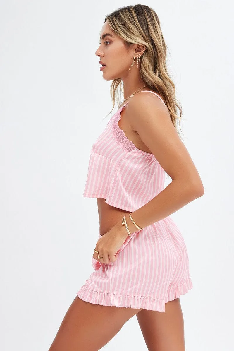 Pink Stripe Satin Pj Set Stripe Lace Trim Cami Pyjama Set sold by Ally Fashion product image thumbnail 4