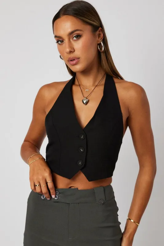 Black Vest Top Halter Neck Button Top sold by Ally Fashion