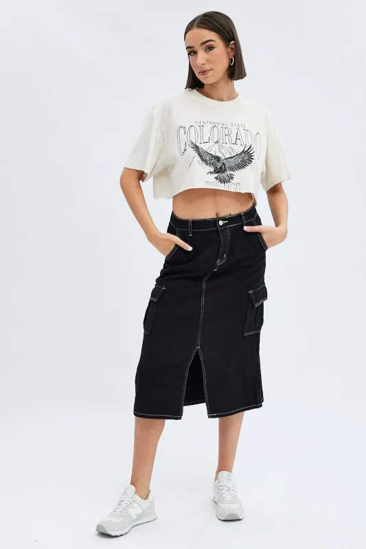 Black Midi Skirt Mid Rise A-line Cargo Contrast Stitch sold by Ally Fashion