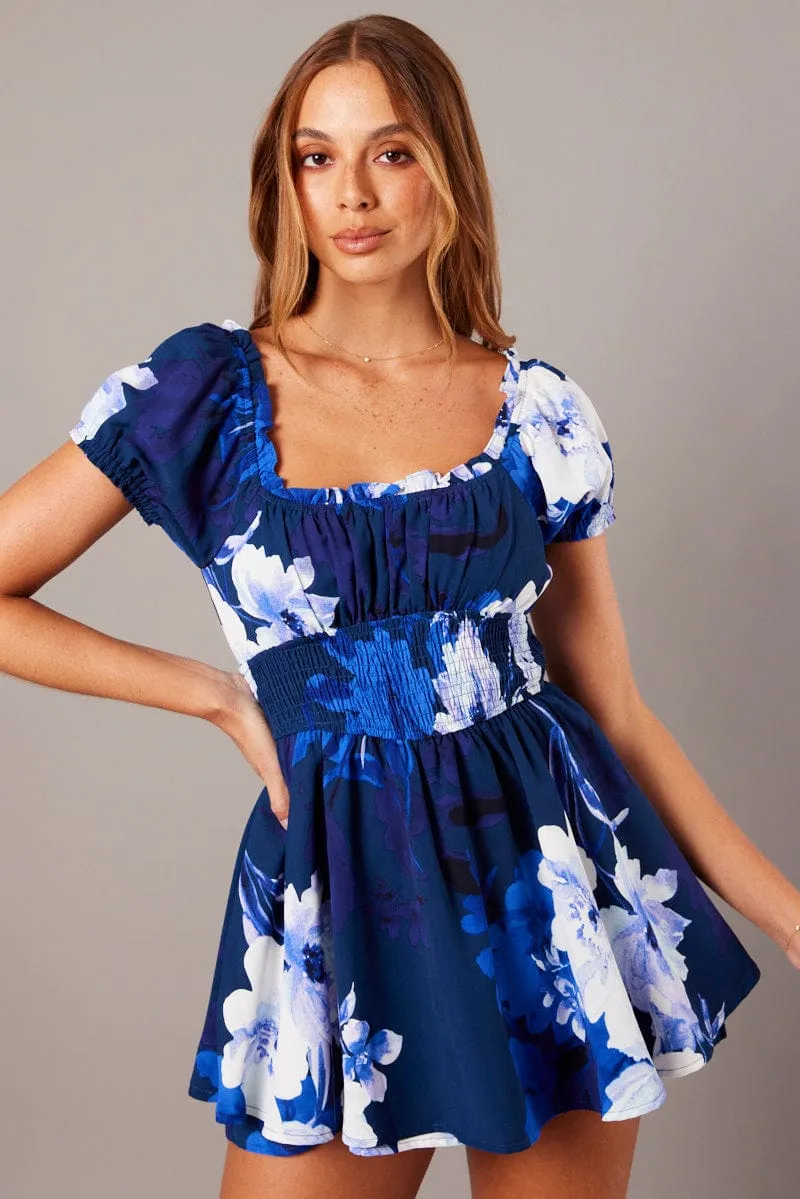 Blue Floral Ruffle Playsuit Short Sleeve sold by Ally Fashion
