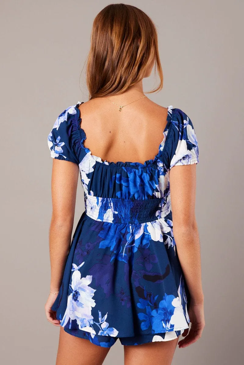 Blue Floral Ruffle Playsuit Short Sleeve sold by Ally Fashion product image thumbnail 5