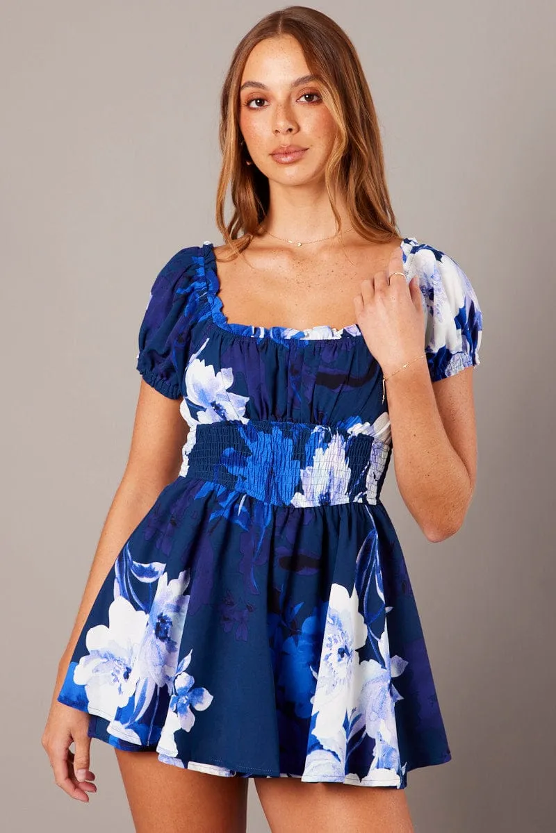 Blue Floral Ruffle Playsuit Short Sleeve sold by Ally Fashion product image thumbnail 3