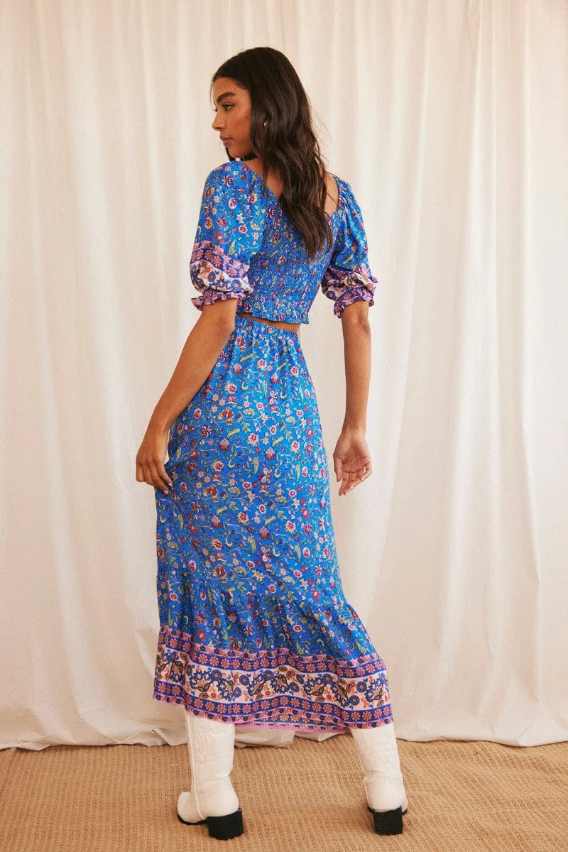 Blue Boho Maxi Skirt High Waisted Elastic Band Frill Hem sold by Ally Fashion product image thumbnail 5