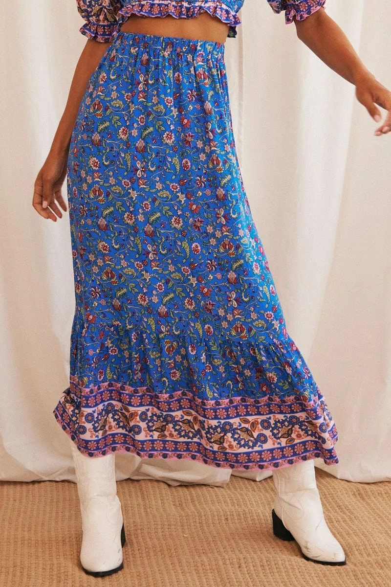 Blue Boho Maxi Skirt High Waisted Elastic Band Frill Hem sold by Ally Fashion product image thumbnail 2