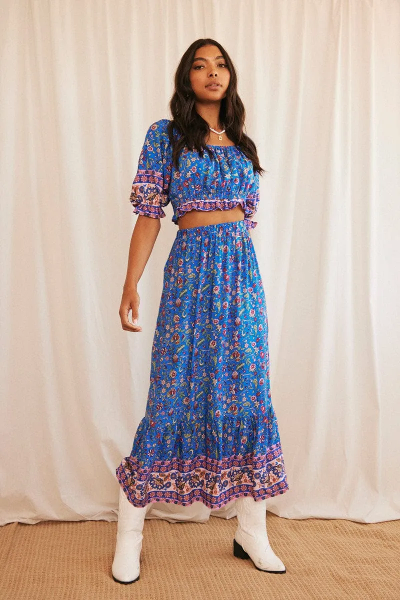 Blue Boho Maxi Skirt High Waisted Elastic Band Frill Hem sold by Ally Fashion product image thumbnail 3