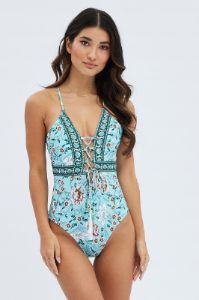 Blue Floral Tie Front One Piece Swimsuit sold by Ally Fashion