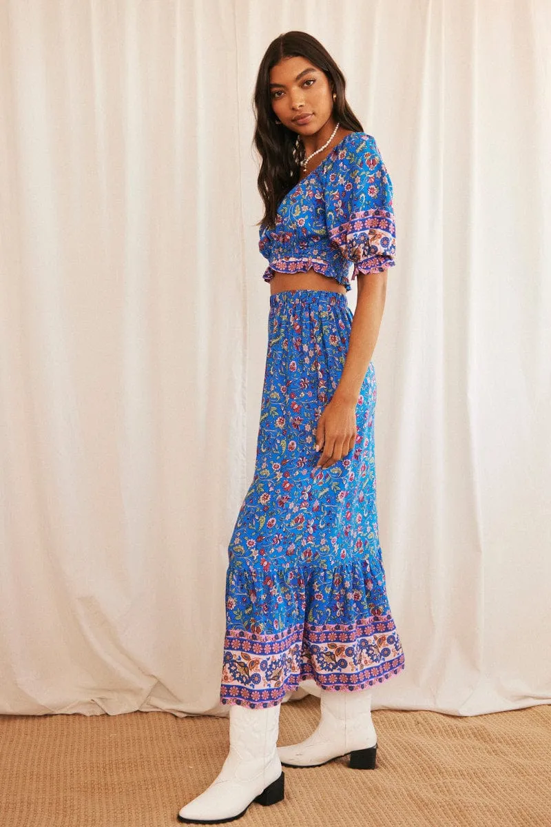 Blue Boho Maxi Skirt High Waisted Elastic Band Frill Hem sold by Ally Fashion product image thumbnail 4