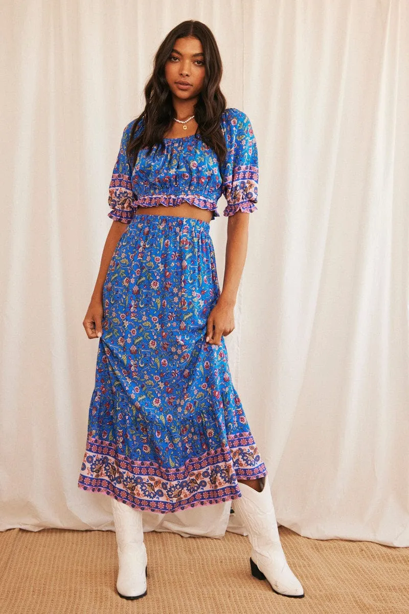 Blue Boho Maxi Skirt High Waisted Elastic Band Frill Hem sold by Ally Fashion