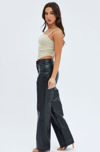 Black Straight Fit Pants High Rise Faux Leather sold by Ally Fashion