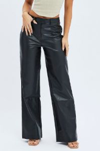 Black Straight Fit Pants High Rise Faux Leather sold by Ally Fashion