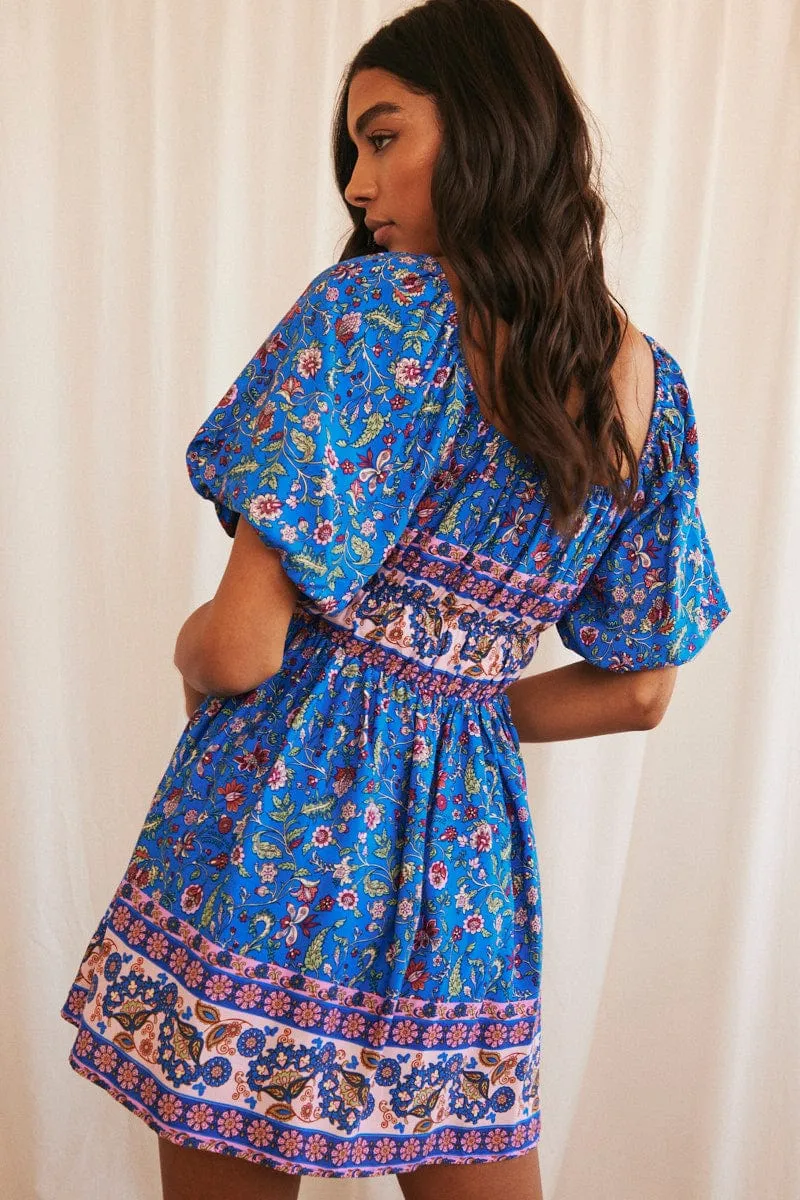 Blue Boho Mini Dress Short Sleeve Off Shoulder Skater sold by Ally Fashion product image thumbnail 5